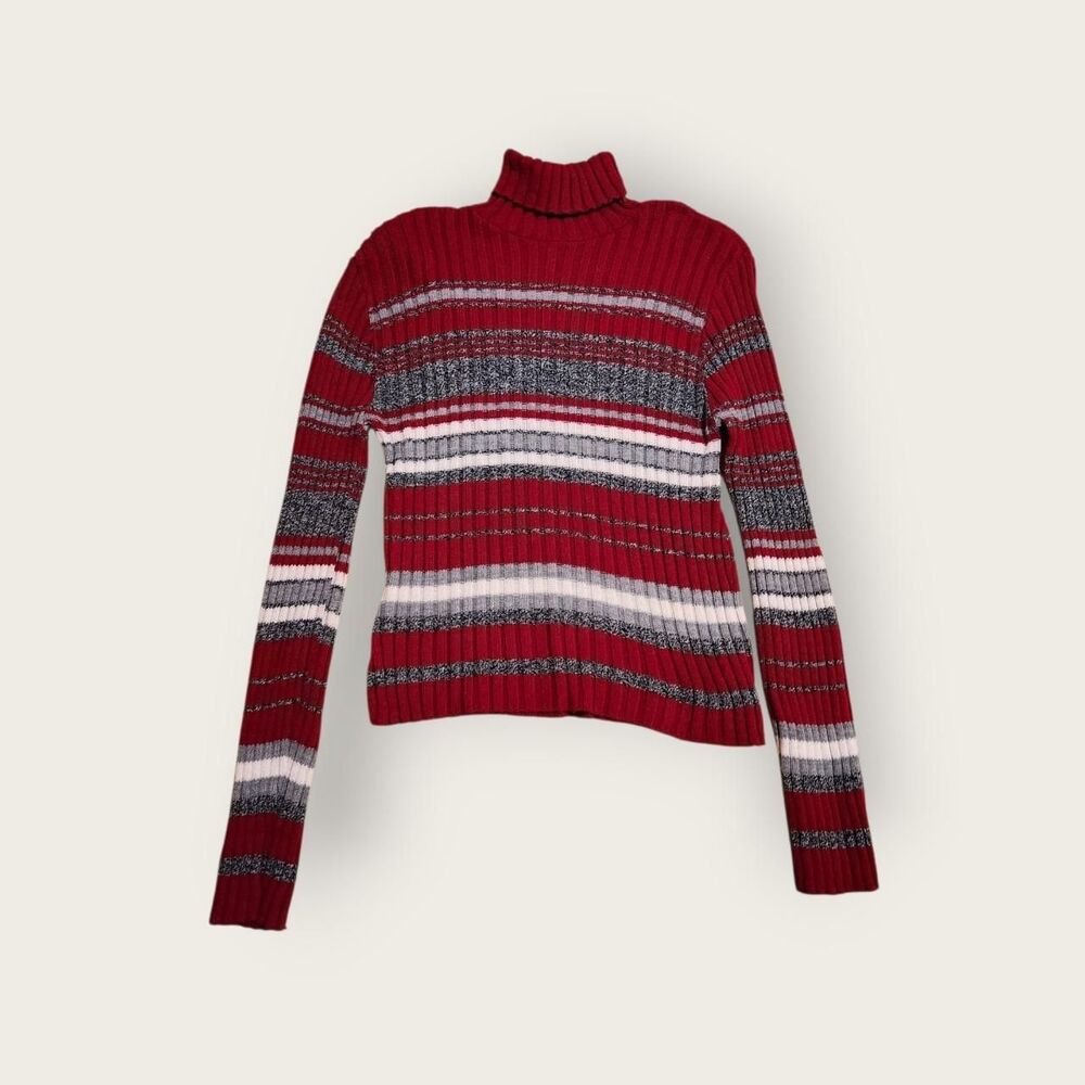 Vintage Y2k Rave red white and grey striped fitted stretchy turtleneck sweater